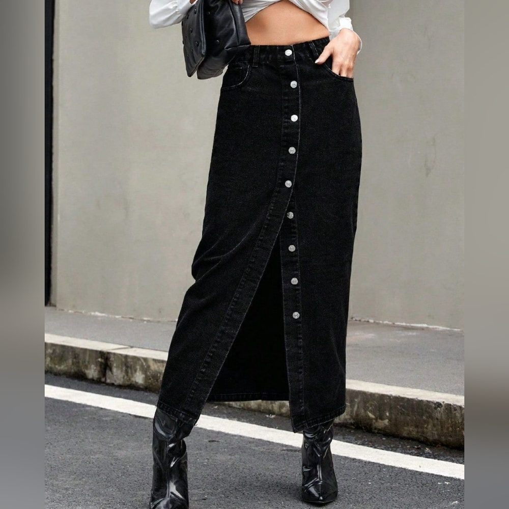 Black Button-Down Denim Skirt